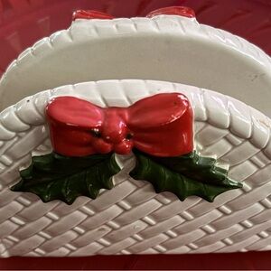 Festive Ceramic Napkin Holder with Red Bow